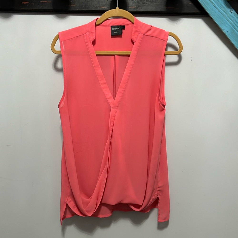 Cliche couture Large bright coral 100% polyester sleeveless sheer top